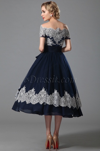 blue off shoulder cocktail dress