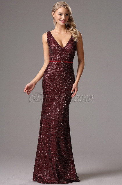 Sleeveless Plunging Neck Burgundy Sequin Formal Dress (00161717) Sleeveless Plunging Neck Burgundy Sequin Formal Dress (00161717)