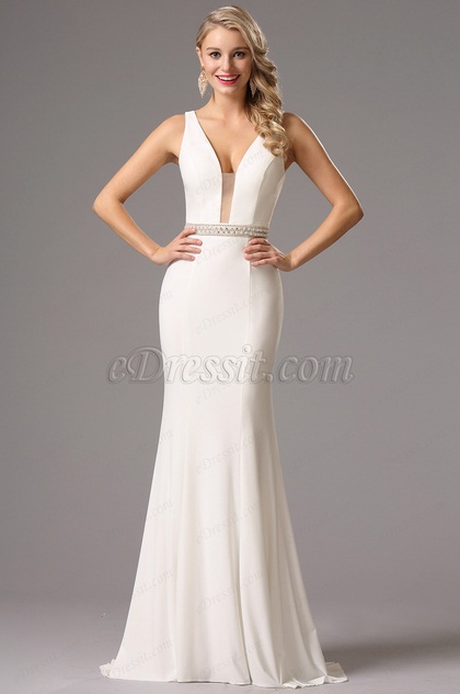 white plunging neckline dress