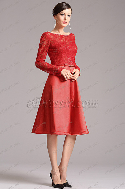 Long Lace Sleeves Red Party Dress Cocktail Dress (X04151802-1)