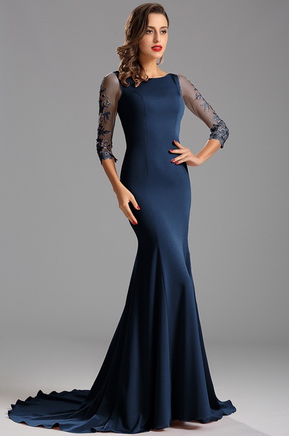 Graceful Half Sleeves Blue Formal Dress Evening Dress (26162305)
