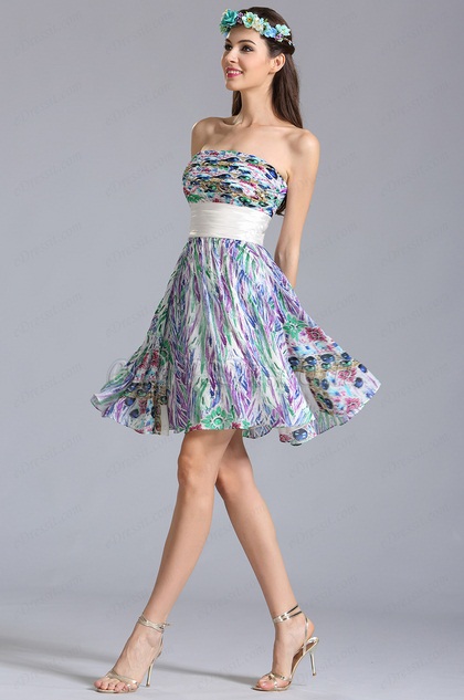 Strapless Knee Length Summer Printed Dress Floral Dress 