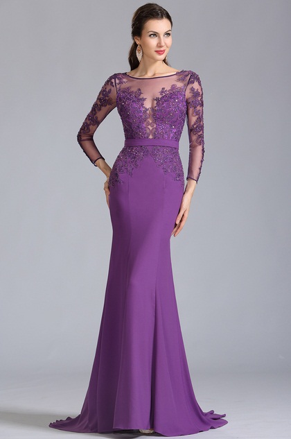 purple evening dress with sleeves