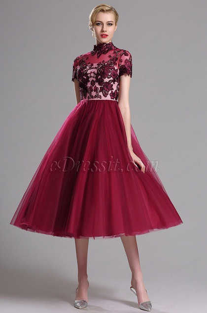 Red Embroidered Short Sleeves Layered Party Dress