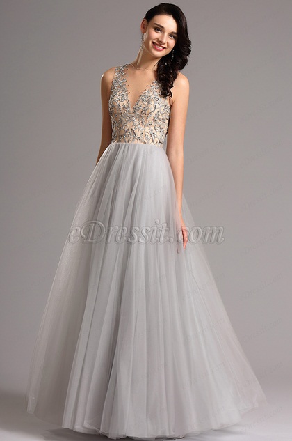 beaded bodice plunge chiffon gown