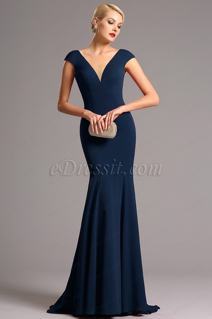 eDressit Capped Sleeves Plunging Neckline Navy Blue Formal Dress (00161258) eDressit Capped Sleeves Plunging Neckline Navy Blue Formal Dress (00161258)