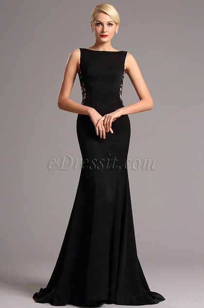 Sleeveless Side Lace Illusion Black Evening Dress Formal Gown (00161400)