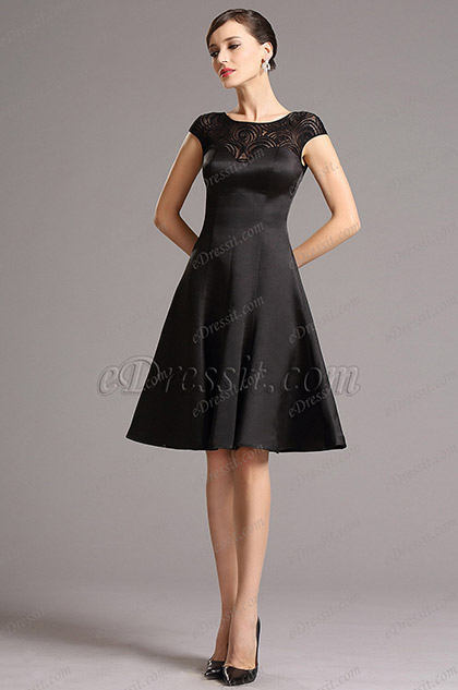 Capped Sleeves Lace Neck Black Cocktail Dress Party Dress (04160300)
