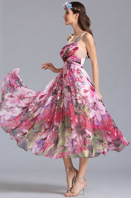 One Shoulder Tea Length Printed Dress Party Dress (04152068)