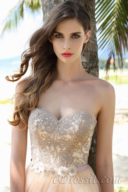 Elegant Strapless Sweetheart Beige Ball Gown Formal Dress