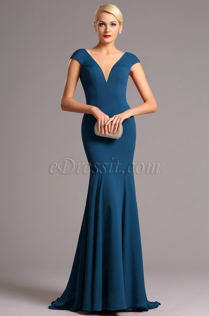 Capped Sleeves Plunging Neckline Blue Formal Dress