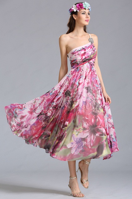 One Shoulder Tea Length Printed Dress Party Dress (04152068)