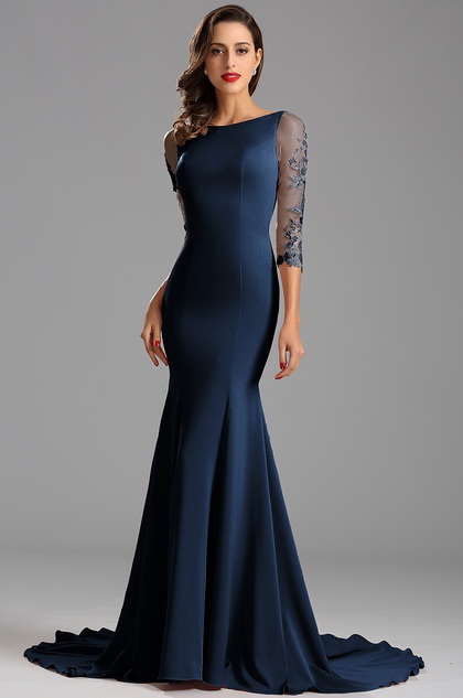 Graceful Half Sleeves Blue Formal Dress Evening Dress (26162305)