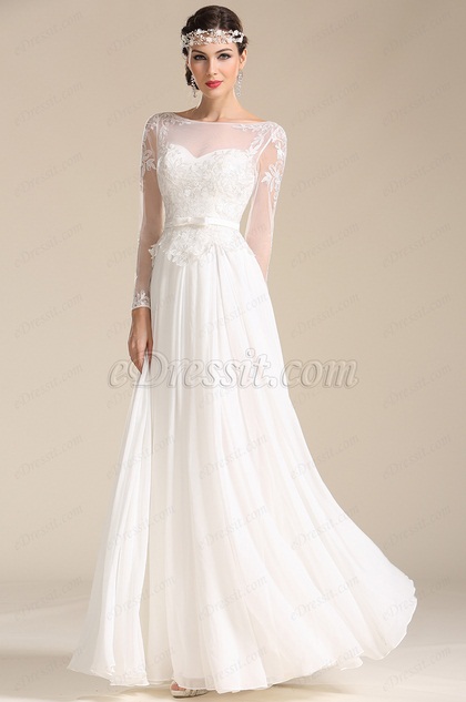 Elegant Long Sleeves Illusion Sweetheart Neck Chiffon Wedding Dress ...