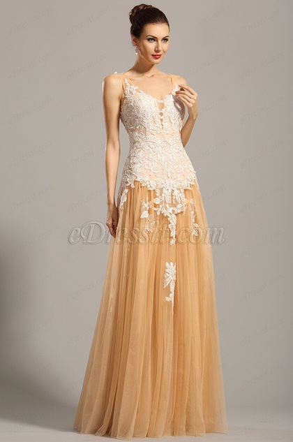 Sleeveless Beige Lace Applique Formal Dress Prom Gown (02154814)