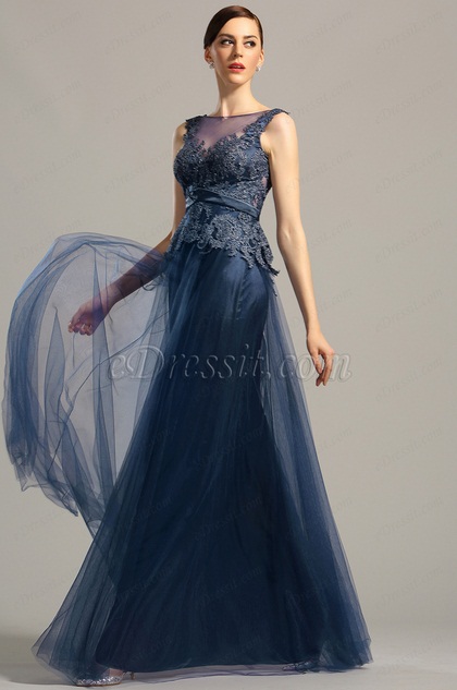 Sleeveless Open Back Navy Blue Formal Dress Evening Gown (02154305)