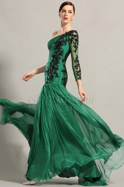 dark green one shoulder dress