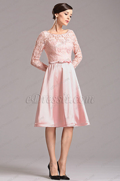 Long Lace Sleeves Pink Knee Length Party Dress (X04151801-1)