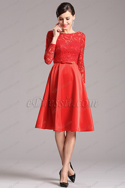 Stunning Red Party Dress with Long Lace Sleeves (X04151802)