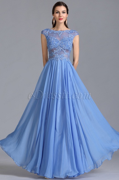 A Line Capped Sleeves Blue Evening Dress Formal Gown (C36153105)