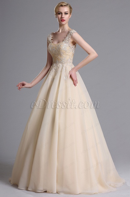 Beige Lace Appliques Sweeping Prom Evening Dress 