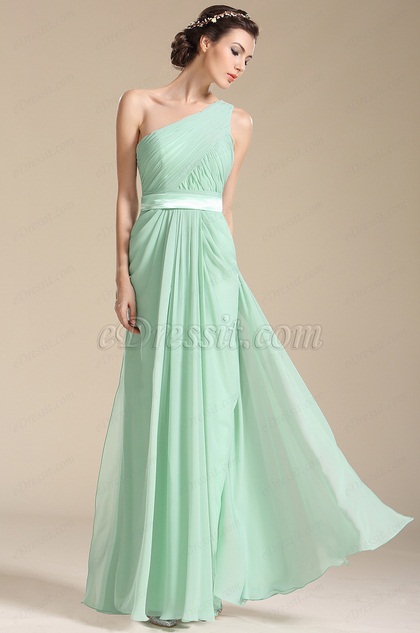 One Shoulder Mint Bridesmaid Dress Evening Dress