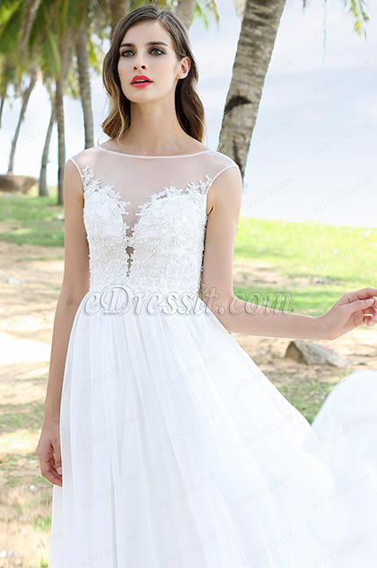 Sleeveless A Line Illusion Plunging Neck Wedding Dress 