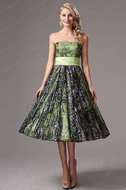 Strapless Tea-Length Cocktail Dress