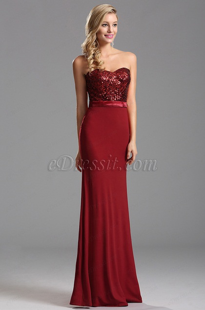 red sequin strapless gown