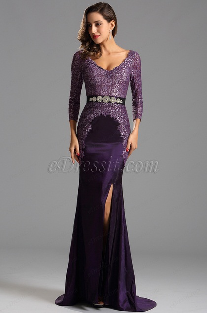 Long Sleeves Plunging Neckline Slit Purple Formal Dress (X26152506)