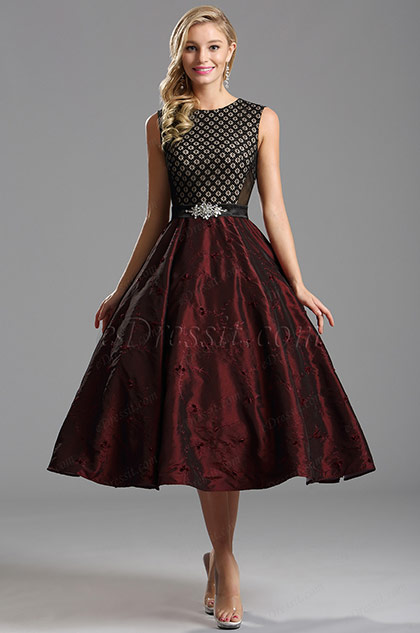 maroon tea length dress