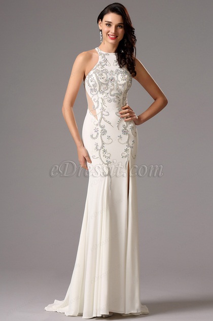 white halter neck gown