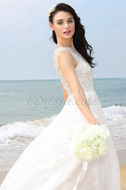 A Line Illusion Neck Beaded Bodice Wedding Dress