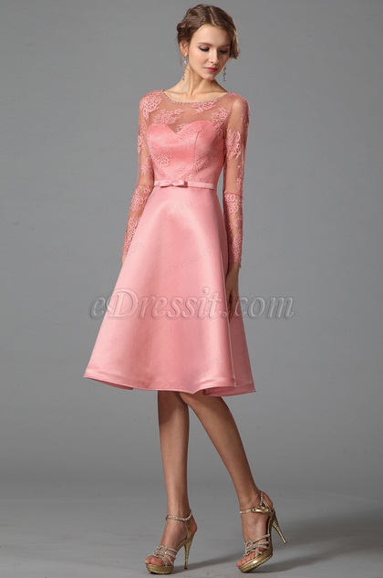 Robe cocktail rose manches longues en dentelle (04151801)