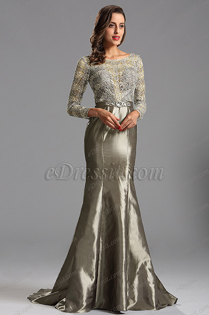 grey long sleeve evening gowns