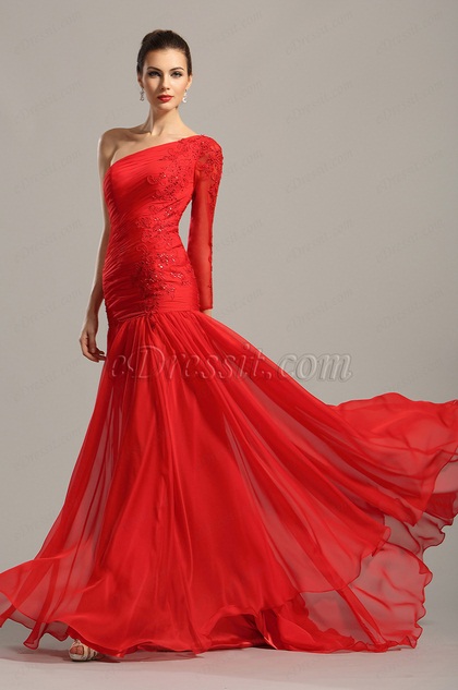 one shoulder red evening gown
