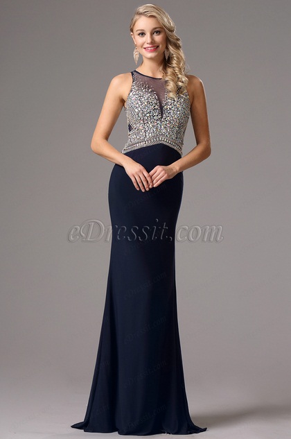 navy beaded evening gown