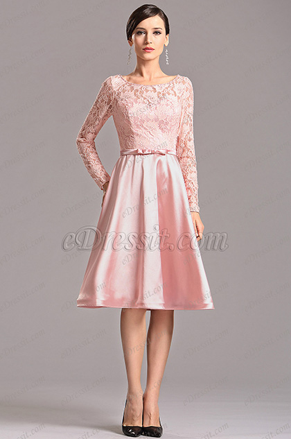 Long Lace Sleeves Pink Knee Length Party Dress (X04151801-1)