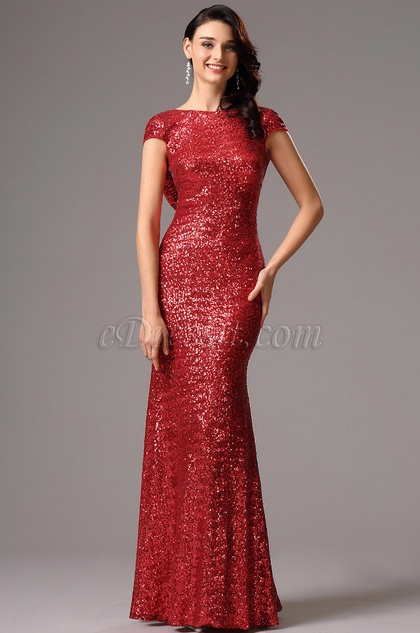 Stunning Cowl Back Sequin Red Formal Dress
