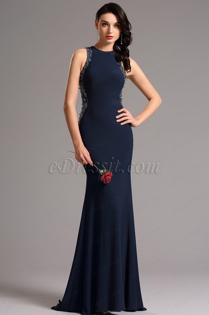 Sleeveless Beaded Navy Blue Formal Gown Prom Dress (36160905)