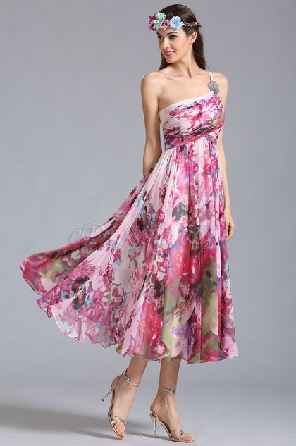 One Shoulder Tea Length Printed Dress Party Dress (04152068)