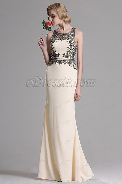 beige beaded gown