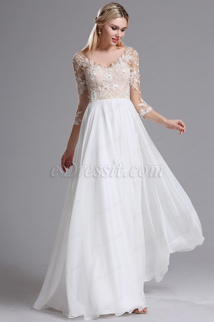 eDressit White 3/4 Sleeves V Neck Summer Evening Dress (01161507)
