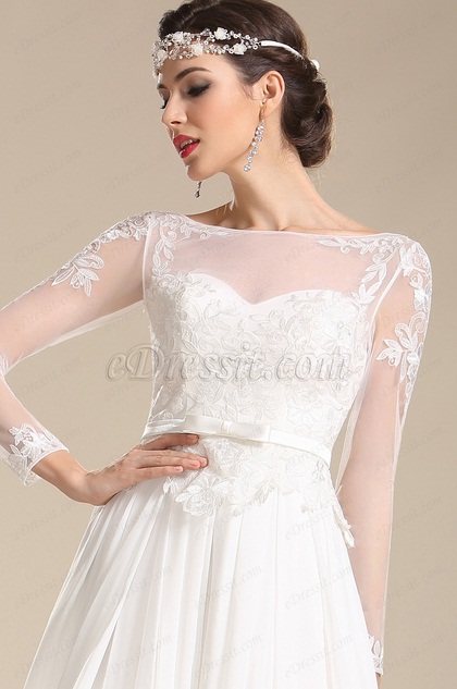 Elegant Long Sleeves Illusion Sweetheart Neck Chiffon Wedding