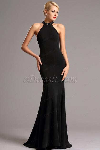 Graceful Beaded Halter Black Formal Dress Evening Gown (00161300)