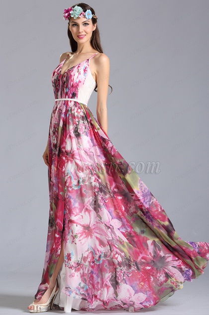 V Neck Spaghetti Straps Summer Printed Dress Holiday Dress (00153912)