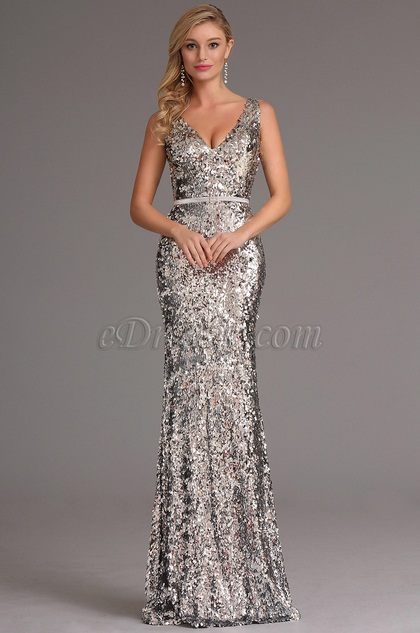 gold and silver plunge v neck dress