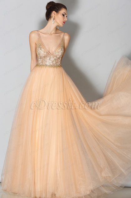 Plunging V Neck Beige Evening Dress Prom Dress