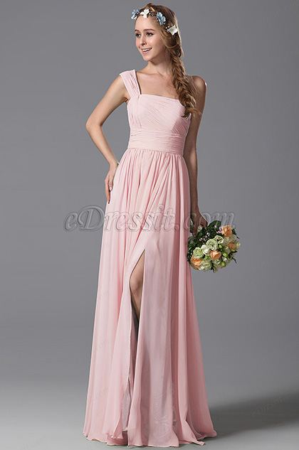 One Shoulder Slit Pink Bridesmaid Dress Evening Dress