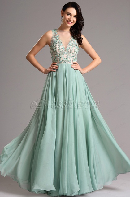 A Line Plunging Illusion Neck Green Evening Dress Formal Gown (00160504) A Line Plunging Illusion Neck Green Evening Dress Formal Gown (00160504)